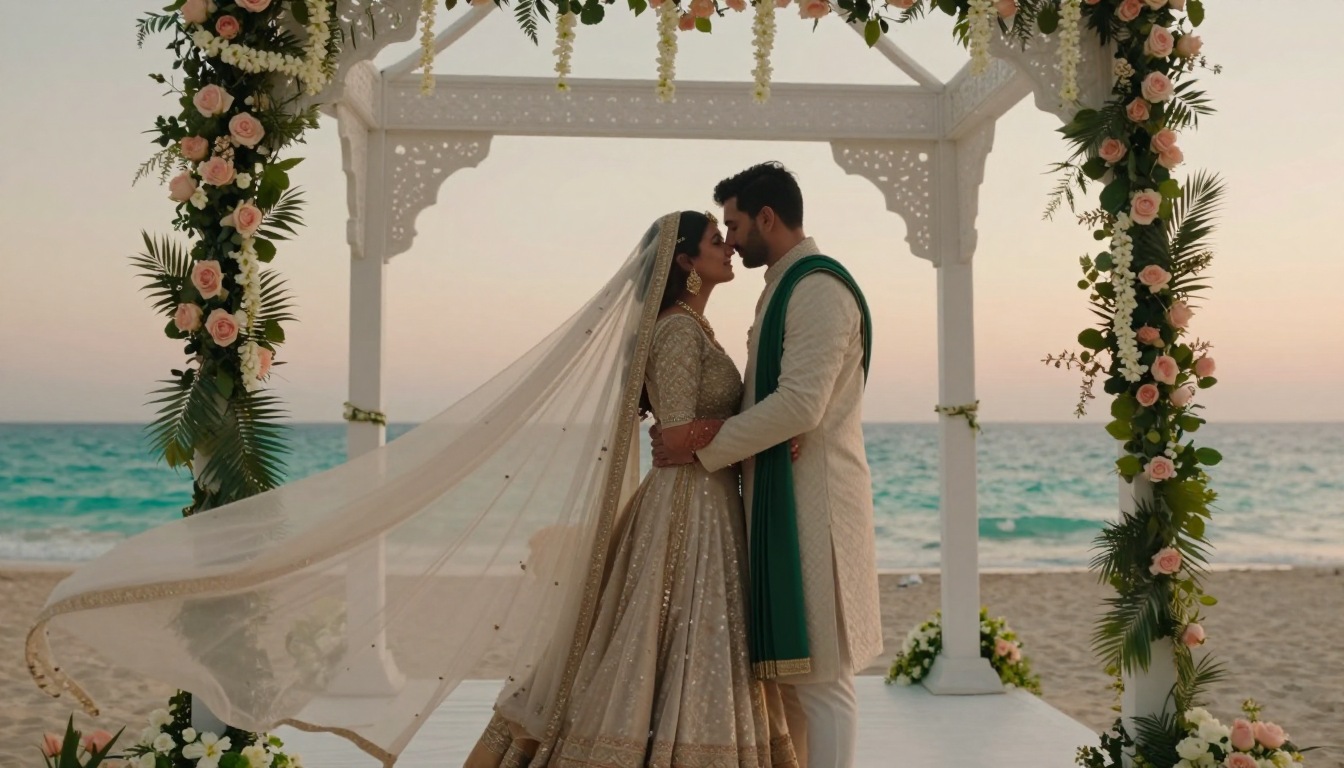 Bride and groom under a jasmine floral arch on a golden-hour beach