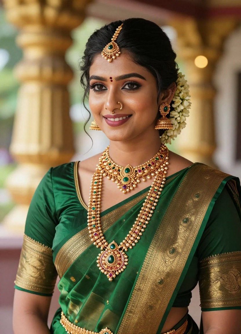 Bride in an emerald and gold Kanjeevaram saree with temple jewellery