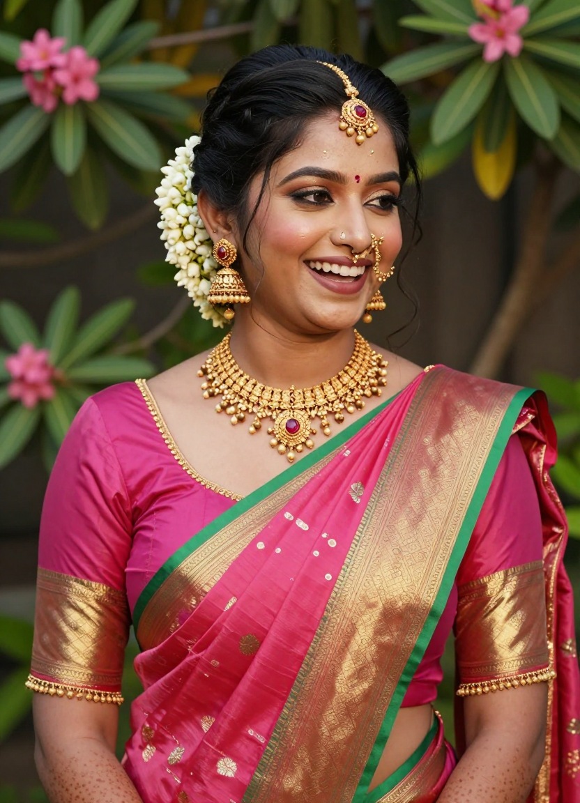 Laughing bride in pink and gold silk saree