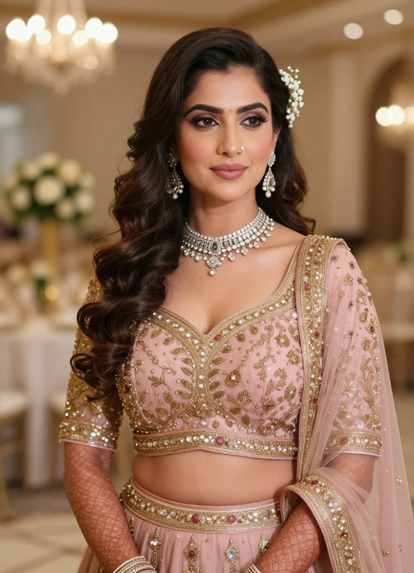 Bride in blush pink lehenga gown with soft curls