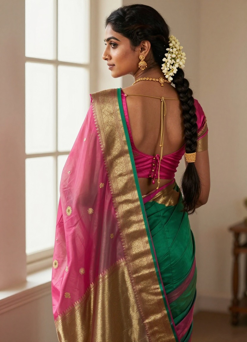 Pink and emerald Kanjeevaram silk saree draped with perfect pleats