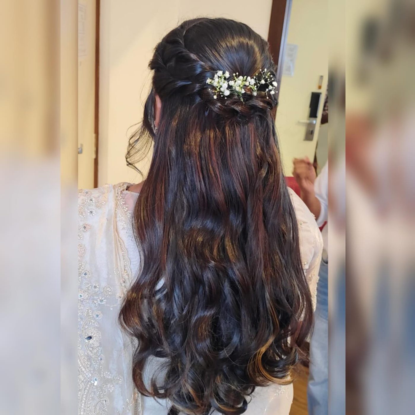 Half-up waves with floral pins